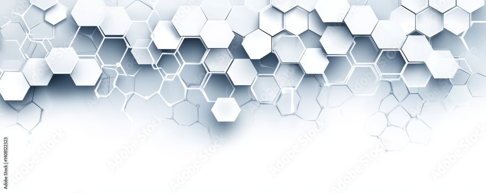 Poster an abstract pattern composed of grayscale hexagons, incorporating both depth and texture