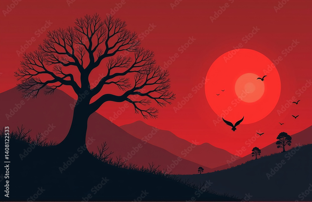 Poster a dark and ominous landscape features stark black tree limbs set against a deep crimson sky with amp