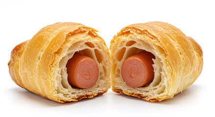 Macro shot of flaky pig in a blanket pastry breaking open, centered on white.