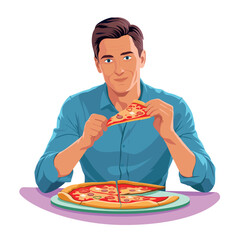  Happy man eating pizza and feel happy. Vector Illustration