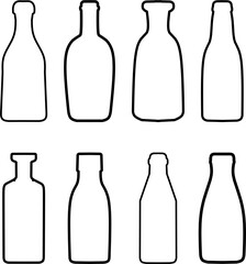 Set of outlined bottle vector illustrations in various shapes and sizes, including glass, wine, and beverage bottle silhouettes for packaging, branding, and design templates

