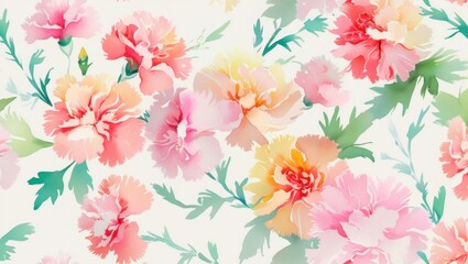 Seamless pattern illustration of carnations painted in watercolor