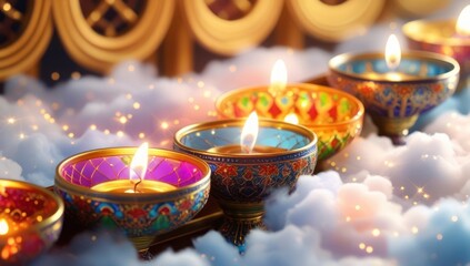 Colorful traditional oil lamps with the sparkling background