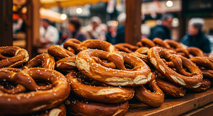 Pretzels stacked at a market stall, people blurred in background, vibrant and textured