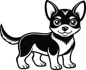 vector illustration of a dog, black and white dog, cute baby dog silhouette icon on white background.