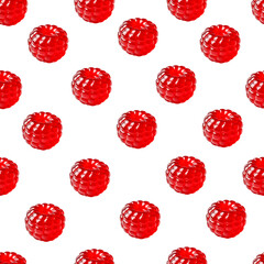 Glossy candy bars shaped like bold red raspberry. Seamless pattern with dessert on a white background.
