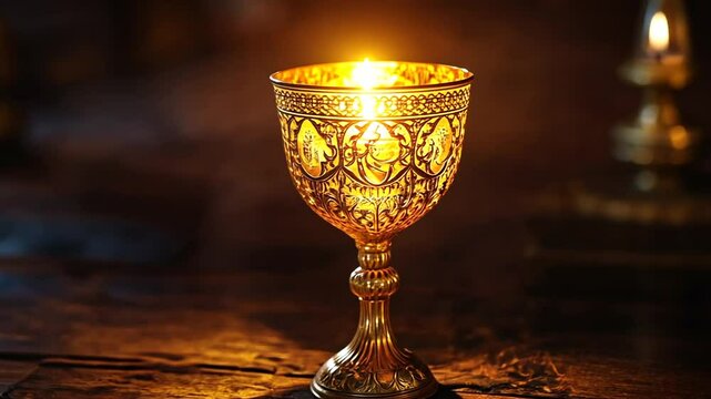 Golden goblet illuminated in dark ambient background, concept of wealth and luxury