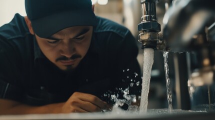 Hispanic plumber fixing a burst pipe under a sink. Featuring plumbing and emergency repairs