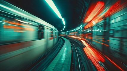 Cinematic angle of a moving train crossing an underground junction, futuristic lighting, blur and clarity contrast, dynamic urban realism, no people