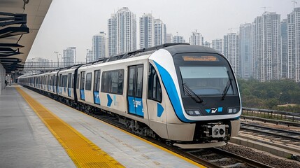 Naklejka premium Elevated urban subway train seen from platform edge, moving fast across the frame, dynamic city background, futuristic rail system