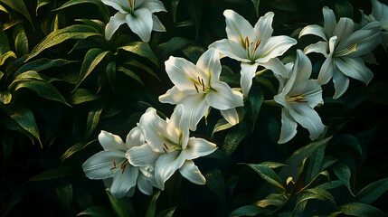 Group of pristine white lilies in a lush garden setting.