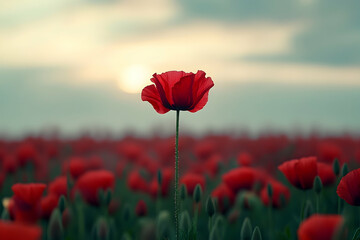 Single red poppy stands out in a field of crimson poppies at sunset.