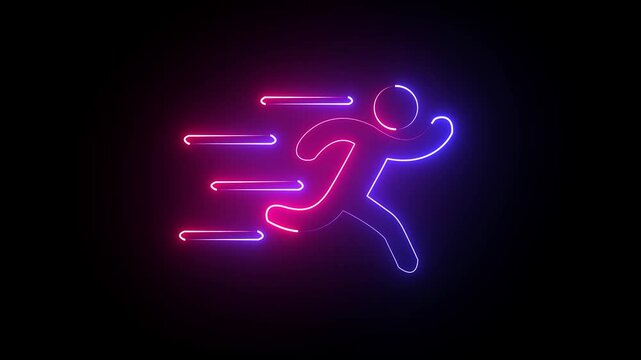 abstract Glowing neon line runner sing. Running neon sign Glowing running man symbol 4k video footage.