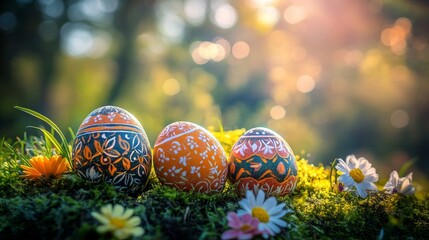 Easter eggs lie hidden in a colorful spring meadow, warmed by the sunlight, with delicate flowers encircling them to create a serene setting