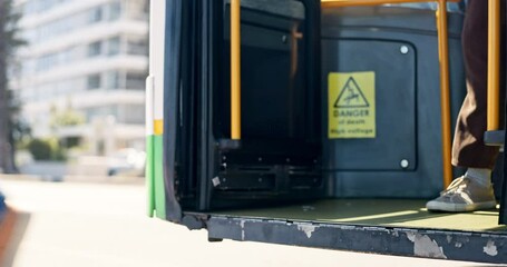 People, legs and walking with bus door for drop off, stop or public transportation in city. Closeup, commute or civilians in an urban town for road trip destination, location or travel service