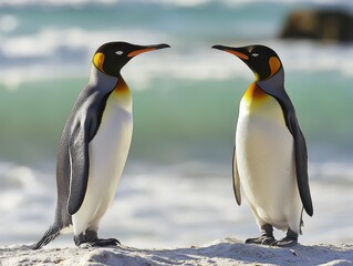 Two penguins stand on a sandy beach facing each other with ocean waves gently crashing in the background, creating a serene coastal scene.