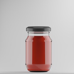 A clear glass jar filled with red sauce, likely ketchup, is sealed with a dark gray lid. This simple yet effective packaging preserves the contents and displays the vibrant color of the food within. 