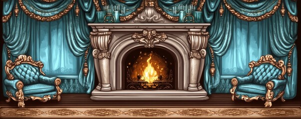 Obraz premium This cozy living room boasts a teal color scheme, orange curtains, and a fireplace