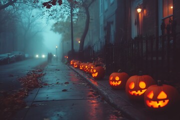 Foggy Halloween night scene with glowing jack-o'-lanterns lining a city street.