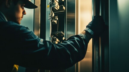 Elevator technician adjusting control circuits inside a lift shaft. Featuring focus and mechanical expertise