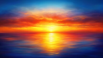 Obraz premium Peaceful Dusk: An awe-inspiring landscape artwork depicting the serene charm of a golden sunset over a tranquil ocean, using lively, textured brushwork