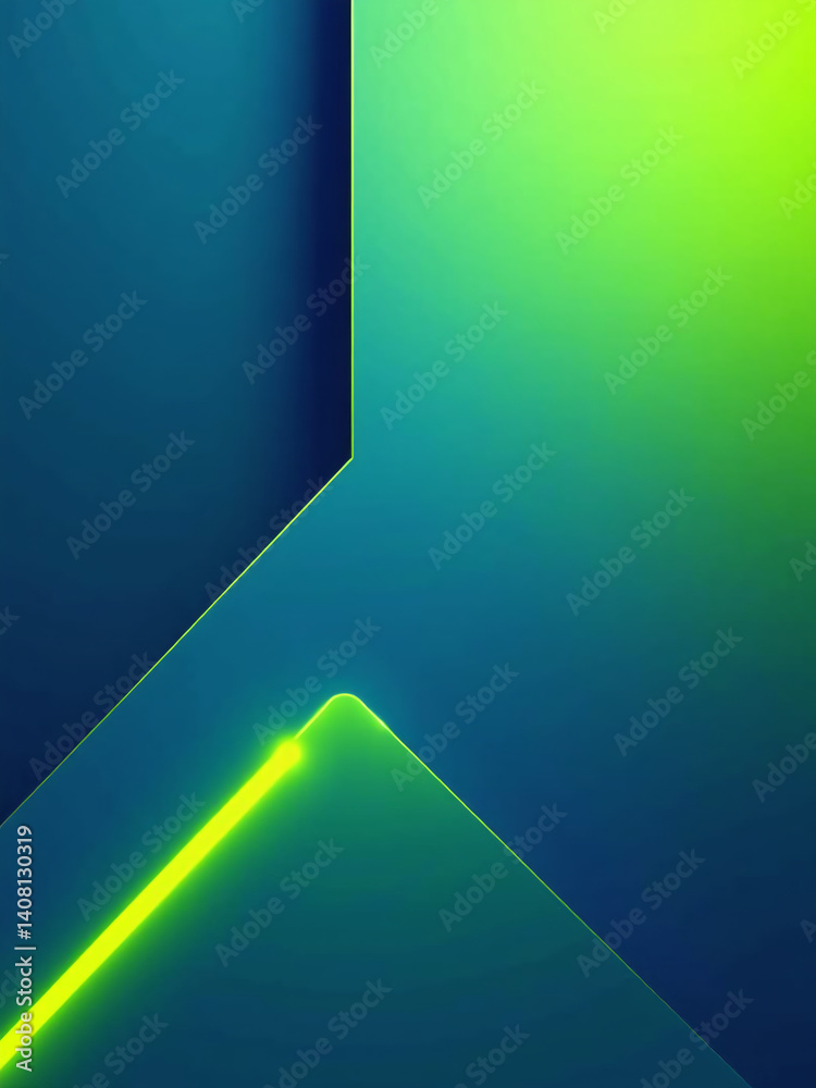 Poster a lime green and blue gradient features geometric shapes with bright neon accents creating a modern 