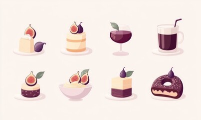 Pixel Art Representation of Bowls Containing Ripe Figs, Various Desserts, and Refreshing Drinks