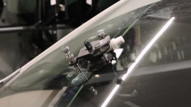 Windshield chip repair using professional tool and resin. Car service process in a workshop.