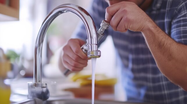 Hispanic plumber fixing a leaking faucet in a kitchen. Featuring plumbing and home repairs