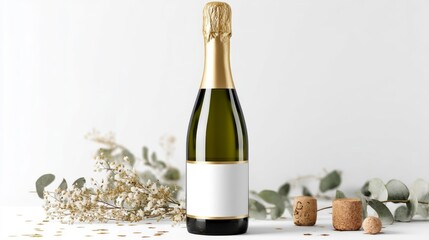 Naklejka premium Champagne bottle with blank label and corks on white background with decoration.