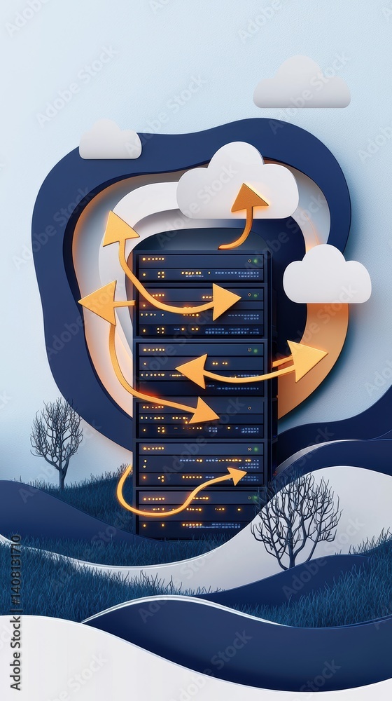 Poster a digital artwork featuring a server tower surrounded by stylized clouds and arrows, symbolizing dat