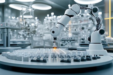 Futuristic robotic arm precisely handling samples in a modern laboratory setting.