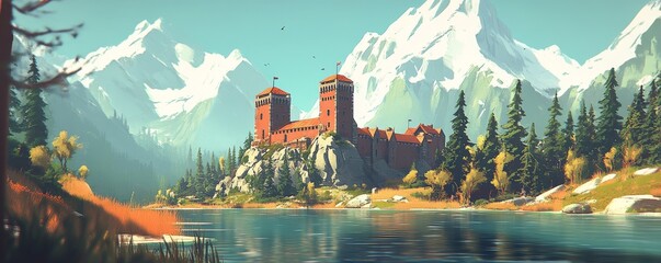 Fototapeta premium In the fairytale illustration, a stone castle with a red roof stands on a green hillside, overlooking a calm river and surrounded by snowy mountains