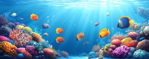 A vibrant coral reef underwater illustration features three cartoon fish