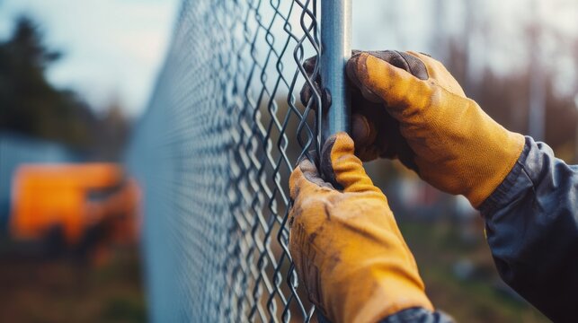 Fence installer securing a metal security barrier around a site. Featuring safety and perimeter control