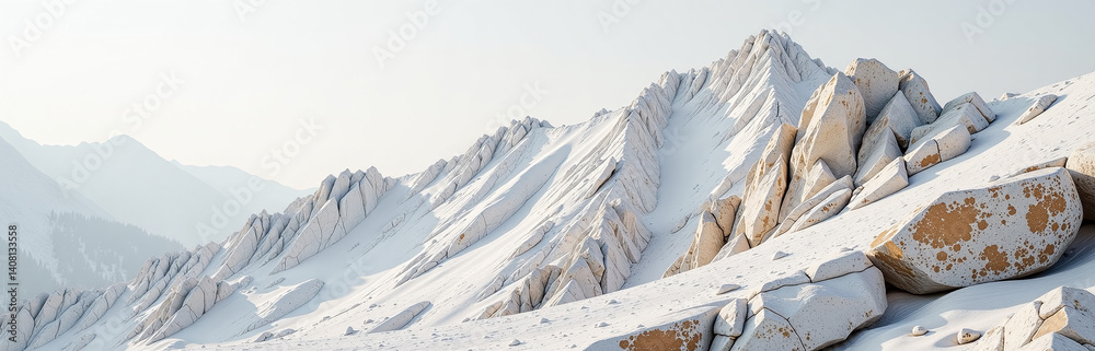 Poster a rugged mountain scene features a white rock backdrop with a light gray stone layer and rusted grun