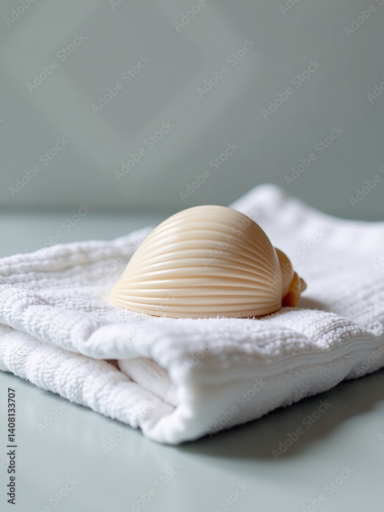 Poster A Sea Shell Lies Delicately On Top Of A Towel In A Soft Gray Light With A Background Pattern.