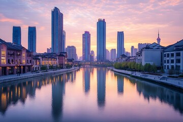 Fototapeta premium Tianjin Sunset Panorama: A Panoramic View of Tianjin City at Sunset, Featuring Modern Skyscrapers and Historic Architecture Along the Hai River