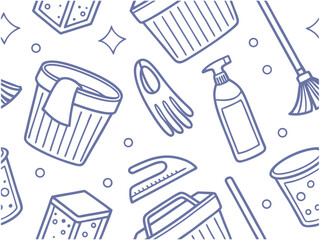 Seamless Cleaning Supplies Pattern Line Art  Broom, Spray Bottle, Bucket  Sponge Icons