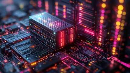 Obraz premium Futuristic Server Rack on Illuminated Circuit Board High Tech Data Center Neon Lights