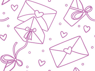 Romantic Love Letter Pattern with Heart Envelopes and Ribbons in Line Art Style. love, letter, envelope, heart, romantic, mail, seamless, message, valentine, ribbon