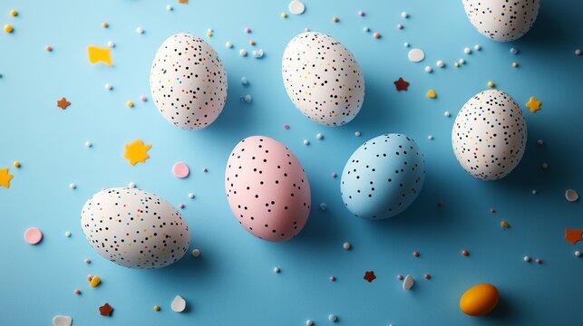 Cheerful pastel Easter eggs are playfully spread across a vibrant blue background, adorned with charming polka dots and star patterns