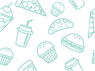 Fast Food Doodle Pattern Seamless Burger Pizza Drink Ice Cream Design. food, doodle, snack, burger, pizza, cupcake, taco, drink, pattern, seamless