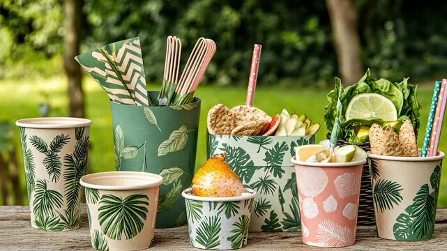Tropical paper cups and tableware outdoors