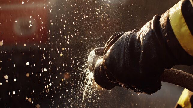 Firefighter gripping a hose nozzle with water spray. Featuring bravery and action