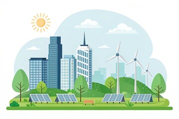 Sustainable city features solar panels, wind turbines, and green spaces promoting eco-friendly living and renewable energy solutions