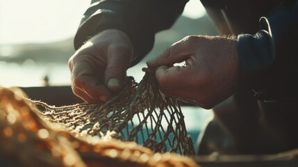 Fisherman mending a strong fishing net with care at the harbor. Featuring tradition and patience