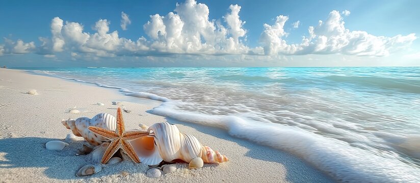 A serene beach landscape with detailed seashells and starfish on white sand, turquoise calm sea meeting clear blue sky filled with fluffy clouds