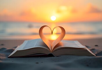 Book Pages in Heart Shape Against Sunset Background on the Beach