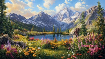 A serene alpine lake nestled amongst wildflowers and towering mountains.